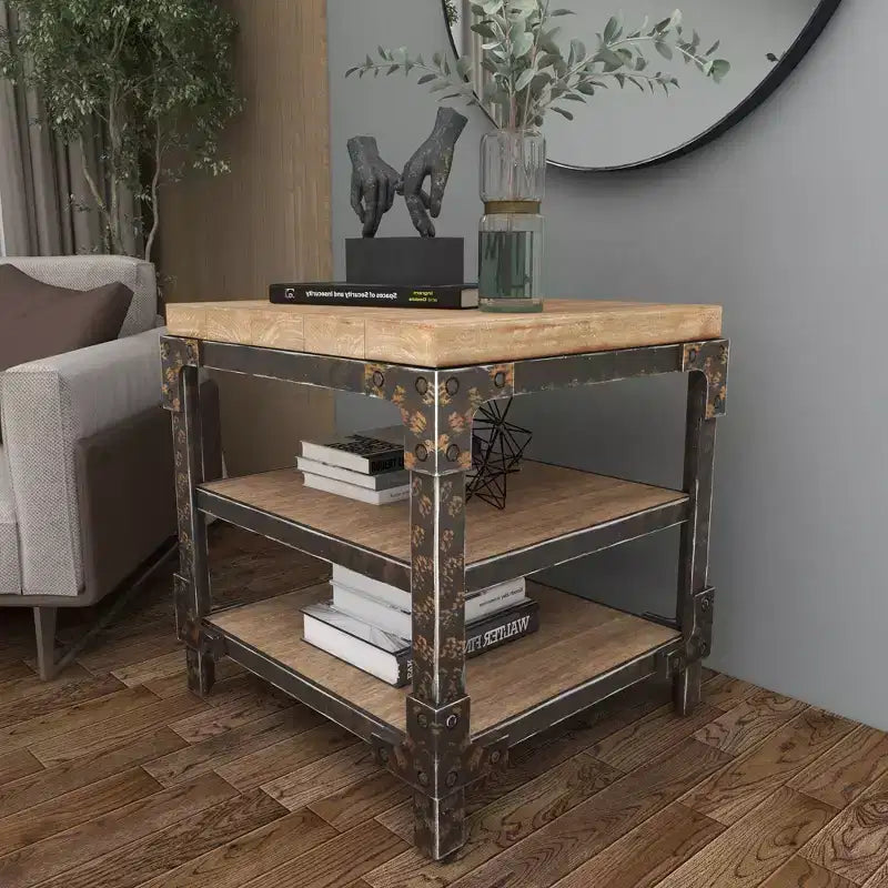 Olivia & May Table d'appoint industrielle à 3 niveaux marron : cadre en bois robuste, étagères fixes, forme carrée