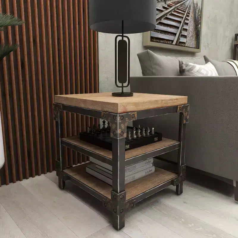 Olivia & May Table d'appoint industrielle à 3 niveaux marron : cadre en bois robuste, étagères fixes, forme carrée
