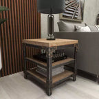 Olivia & May Table d'appoint industrielle à 3 niveaux marron : cadre en bois robuste, étagères fixes, forme carrée