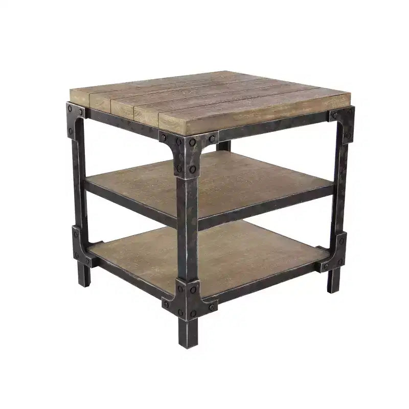 Olivia & May Table d'appoint industrielle à 3 niveaux marron : cadre en bois robuste, étagères fixes, forme carrée