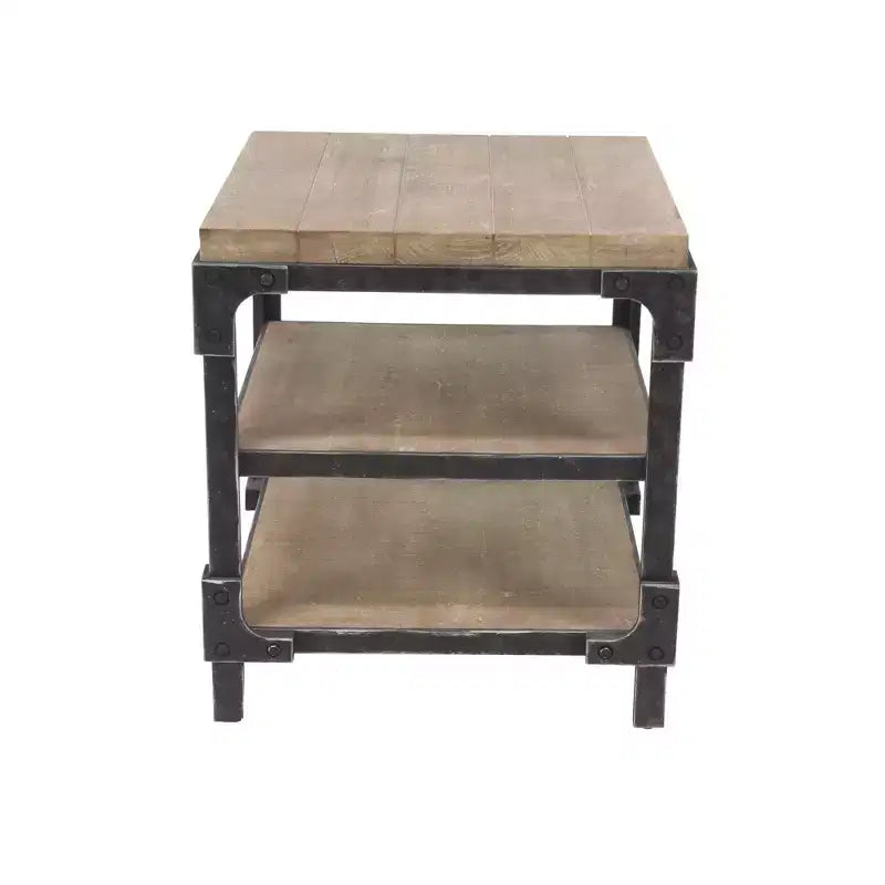 Olivia & May Table d'appoint industrielle à 3 niveaux marron : cadre en bois robuste, étagères fixes, forme carrée