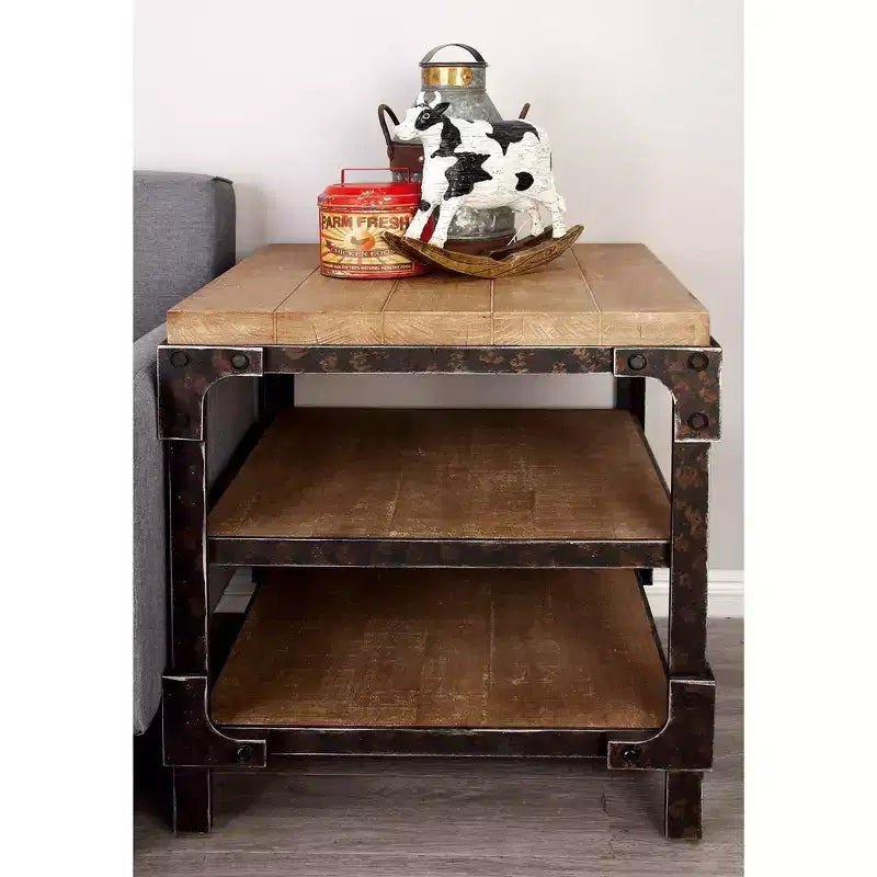 Olivia & May Table d'appoint industrielle à 3 niveaux marron : cadre en bois robuste, étagères fixes, forme carrée