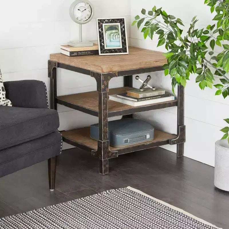 Olivia & May Table d'appoint industrielle à 3 niveaux marron : cadre en bois robuste, étagères fixes, forme carrée