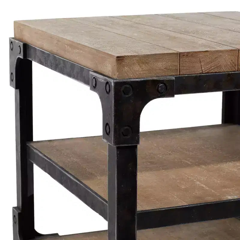 Olivia & May Table d'appoint industrielle à 3 niveaux marron : cadre en bois robuste, étagères fixes, forme carrée