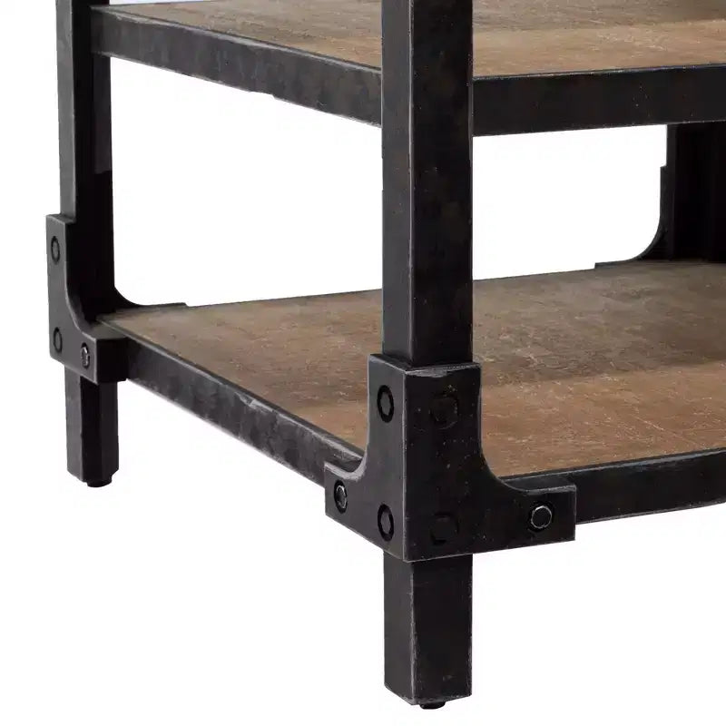 Olivia & May Table d'appoint industrielle à 3 niveaux marron : cadre en bois robuste, étagères fixes, forme carrée