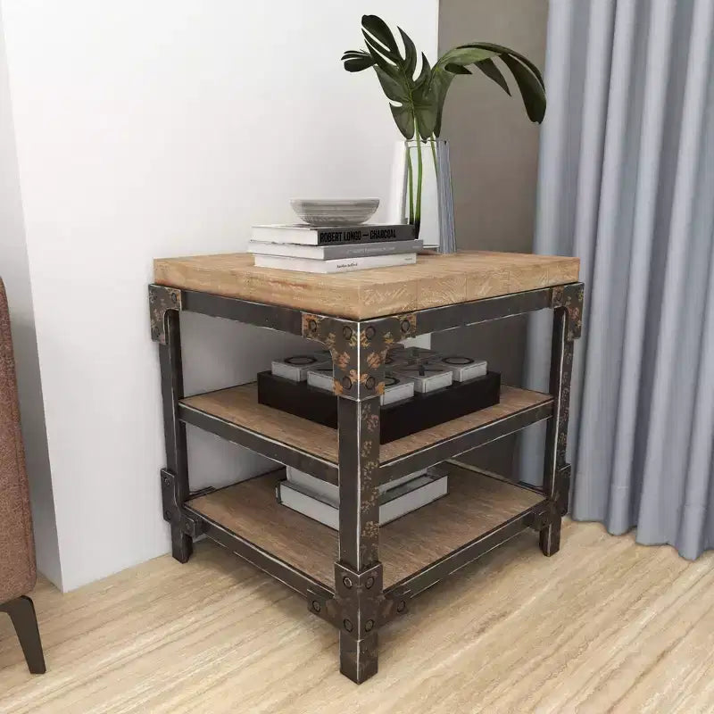 Olivia & May Table d'appoint industrielle à 3 niveaux marron : cadre en bois robuste, étagères fixes, forme carrée