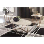 Ensemble de 3 tables basses et tables d'appoint Tarica en similicuir crème/base en métal doré - Signature Design by Ashley : style scandinave, tables ovales et rondes