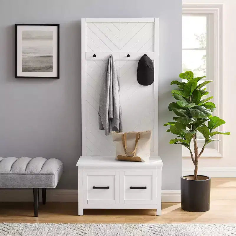 Arbre de hall Kayce blanc - Crosley : Solution de rangement pour vestiaire, Organisateur d'entrée avec 4 crochets, Finition en placage