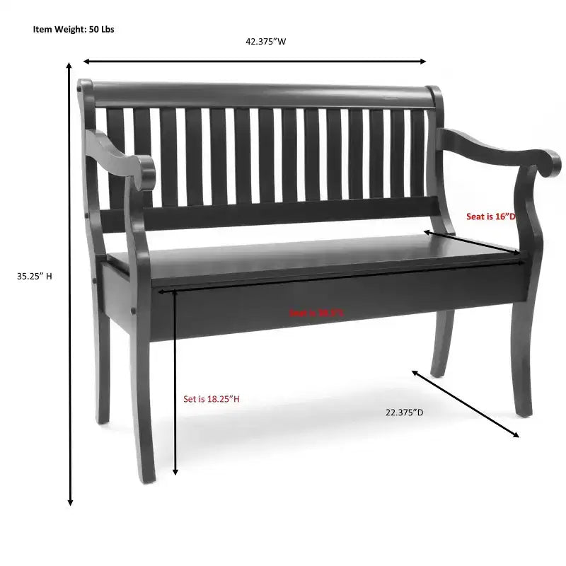 Banc de rangement Alcott Elm de Carolina Living : Fabriqué à la main, couvercle relevable, finition antique, 2 places assises