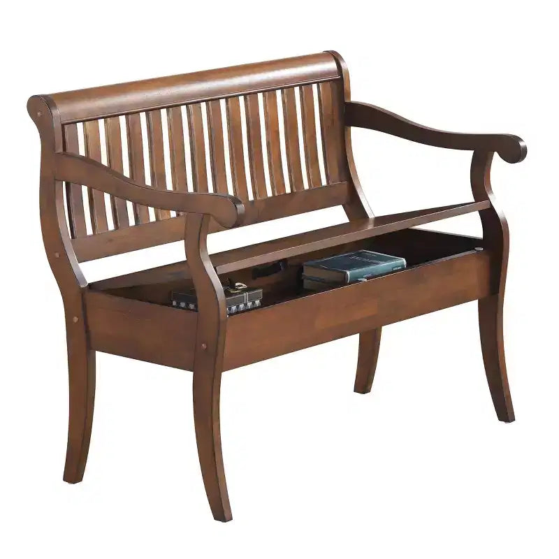 Banc de rangement Alcott Elm de Carolina Living : Fabriqué à la main, couvercle relevable, finition antique, 2 places assises