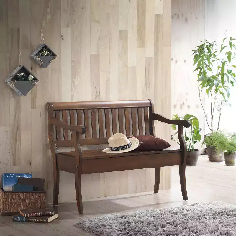 Banc de rangement Alcott Elm de Carolina Living : Fabriqué à la main, couvercle relevable, finition antique, 2 places assises
