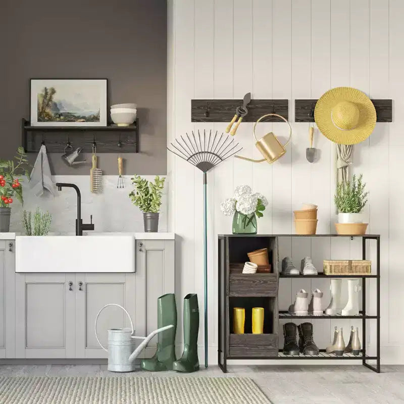 Meuble de rangement pour chaussures RiverRidge Afton avec 3 étagères à chaussures et 2 boîtes de rangement pour chaussures - Finition grain de bois vieilli