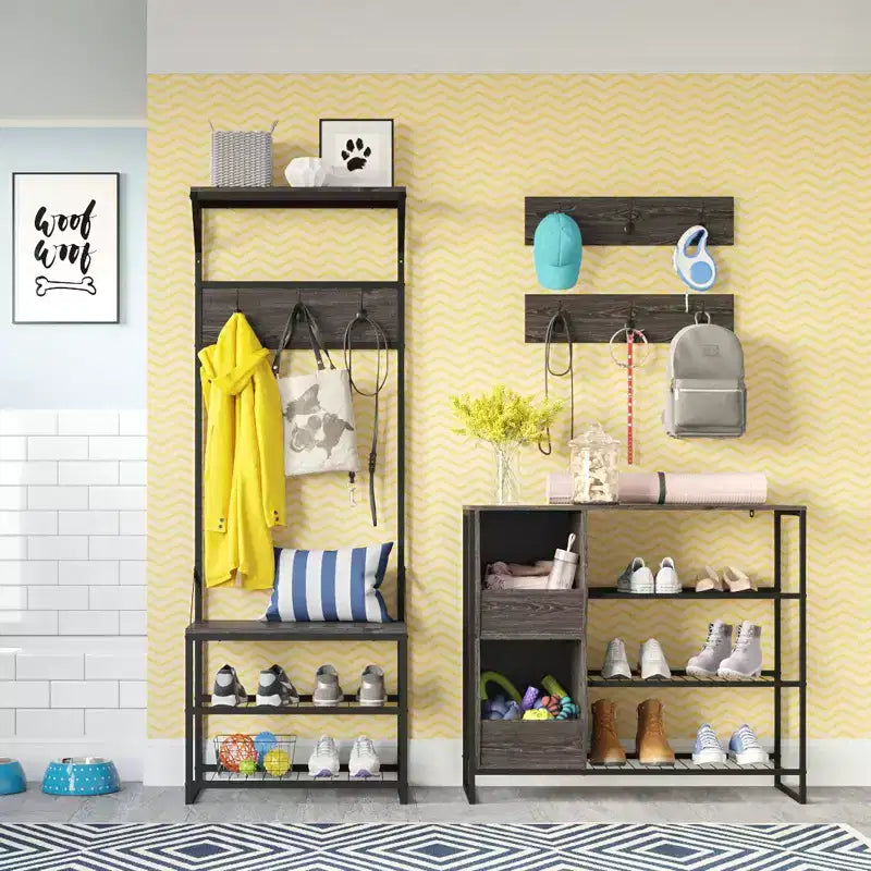 Meuble de rangement pour chaussures RiverRidge Afton avec 3 étagères à chaussures et 2 boîtes de rangement pour chaussures - Finition grain de bois vieilli