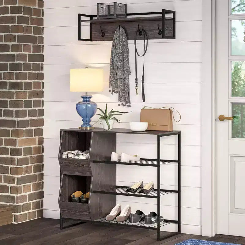 Meuble de rangement pour chaussures RiverRidge Afton avec 3 étagères à chaussures et 2 boîtes de rangement pour chaussures - Finition grain de bois vieilli