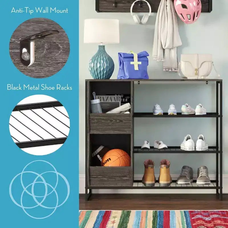 Meuble de rangement pour chaussures RiverRidge Afton avec 3 étagères à chaussures et 2 boîtes de rangement pour chaussures - Finition grain de bois vieilli