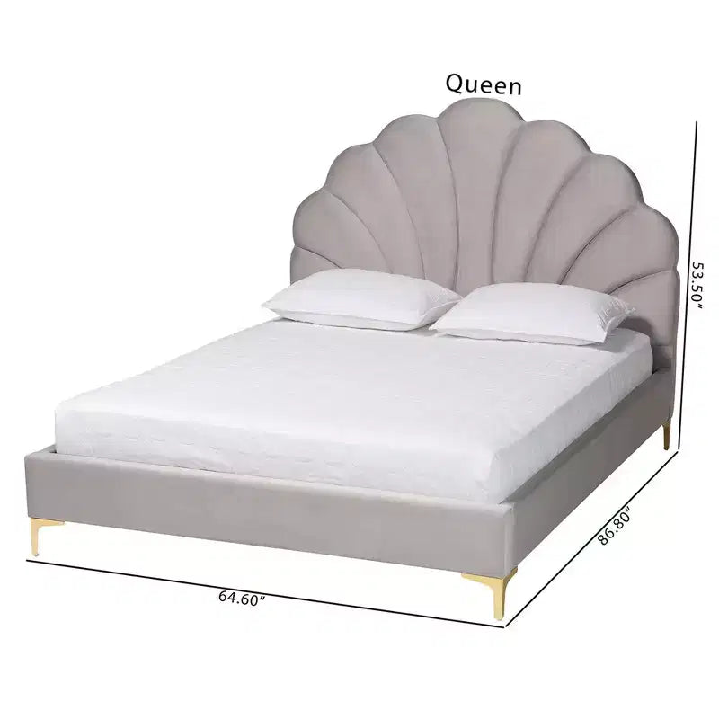 Lit plateforme avec tête de lit coquillage en velours Baxton Studio Queen Size Acosta Gris clair/Or