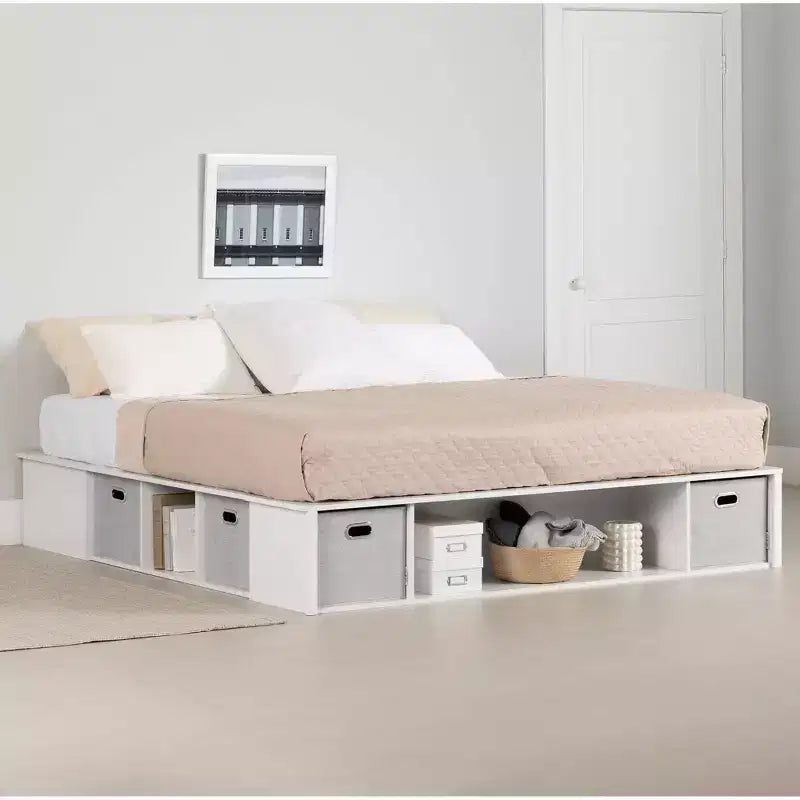 Lit plateforme de rangement flexible South Shore King avec paniers blanc pur