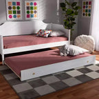 Baxton Studio Lit gigogne simple Alya blanc/doré : cadre en bois d'hévéa et MDF, pas besoin de sommier.