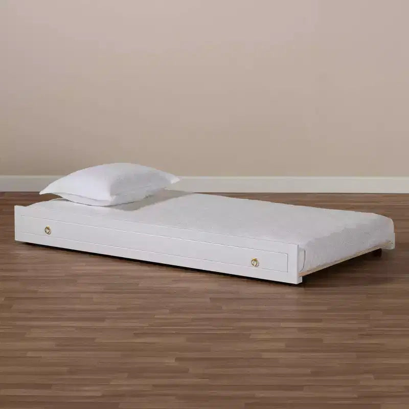 Baxton Studio Lit gigogne simple Alya blanc/doré : cadre en bois d'hévéa et MDF, pas besoin de sommier.