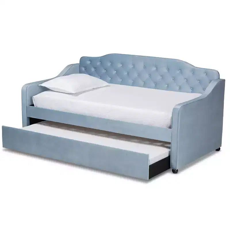 Lit de repos capitonné Twin Freda Velvet avec lit gigogne bleu clair - Baxton Studio : Rembourré, moderne du milieu du siècle, pas besoin de sommier tapissier