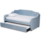 Lit de repos capitonné Twin Freda Velvet avec lit gigogne bleu clair - Baxton Studio : Rembourré, moderne du milieu du siècle, pas besoin de sommier tapissier