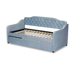 Lit de repos capitonné Twin Freda Velvet avec lit gigogne bleu clair - Baxton Studio : Rembourré, moderne du milieu du siècle, pas besoin de sommier tapissier