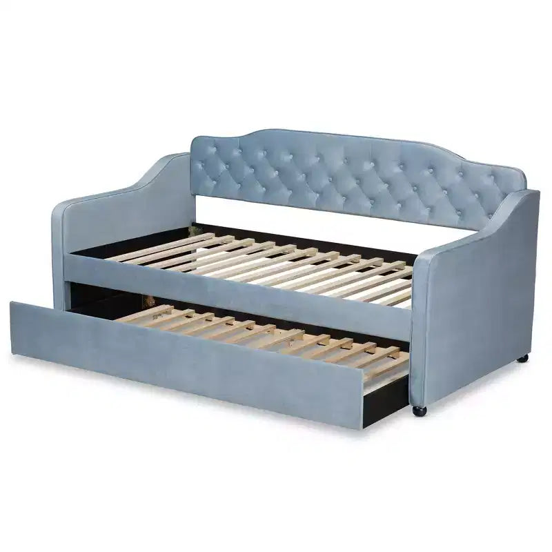 Lit de repos capitonné Twin Freda Velvet avec lit gigogne bleu clair - Baxton Studio : Rembourré, moderne du milieu du siècle, pas besoin de sommier tapissier
