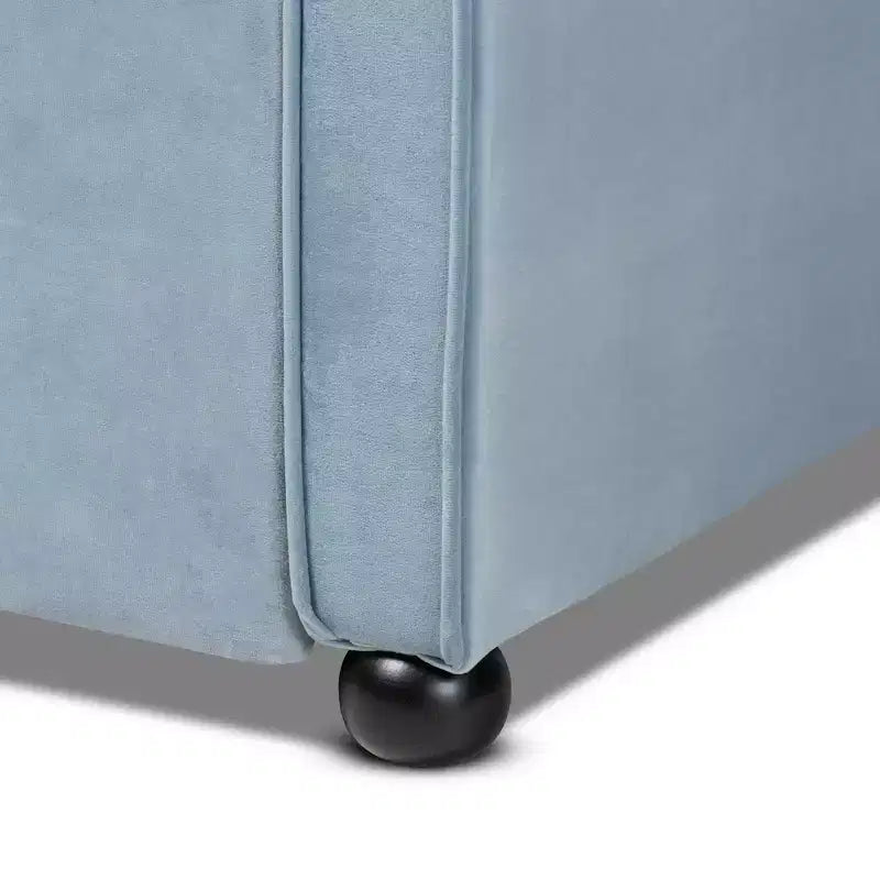 Lit de repos capitonné Twin Freda Velvet avec lit gigogne bleu clair - Baxton Studio : Rembourré, moderne du milieu du siècle, pas besoin de sommier tapissier