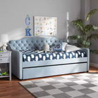 Lit de repos capitonné Twin Freda Velvet avec lit gigogne bleu clair - Baxton Studio : Rembourré, moderne du milieu du siècle, pas besoin de sommier tapissier
