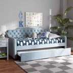 Lit de repos capitonné Twin Freda Velvet avec lit gigogne bleu clair - Baxton Studio : Rembourré, moderne du milieu du siècle, pas besoin de sommier tapissier