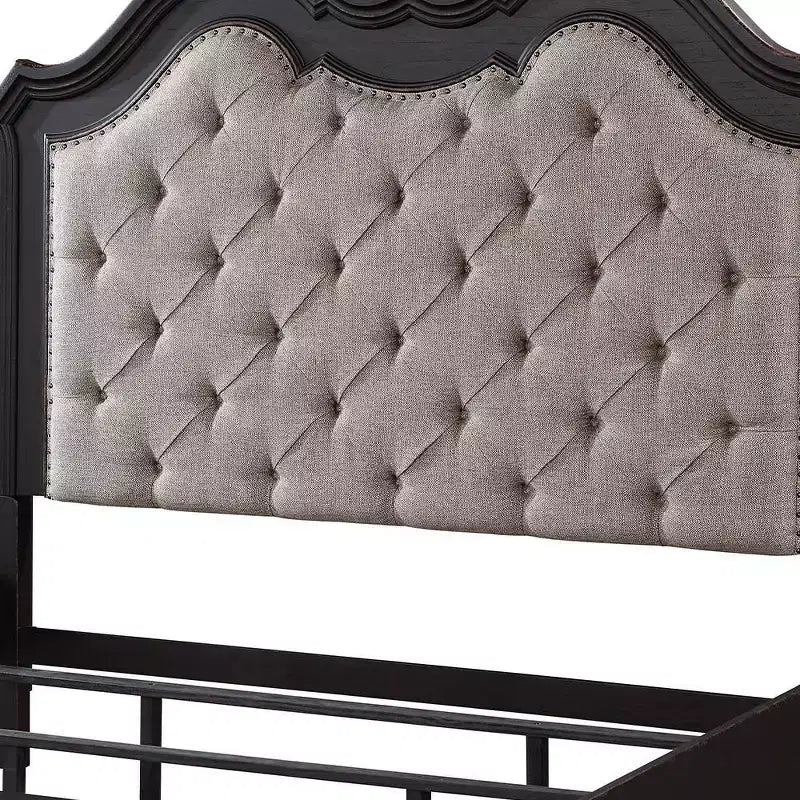 Lit California King de 82,5 pouces Chemsford en tissu beige, finition noir antique – Acme Furniture : Design traditionnel capitonné