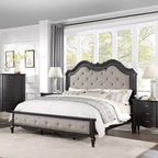 Lit California King de 82,5 pouces Chemsford en tissu beige, finition noir antique – Acme Furniture : Design traditionnel capitonné