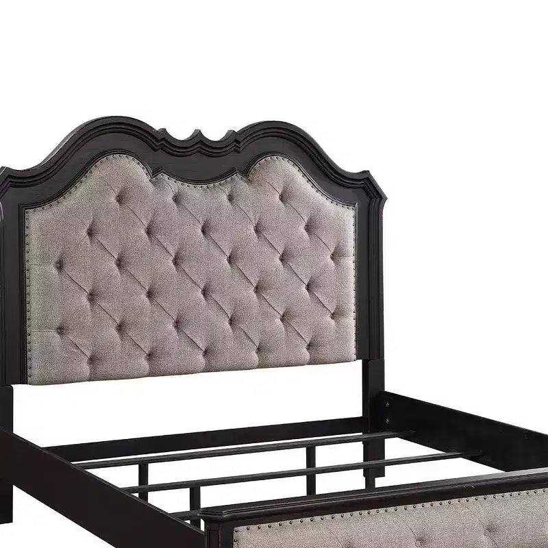 Lit Queen size de 169 cm Chelmsford avec tissu beige et finition noire antique - Acme Furniture : revêtement en lin, cadre en bois, motif capitonné