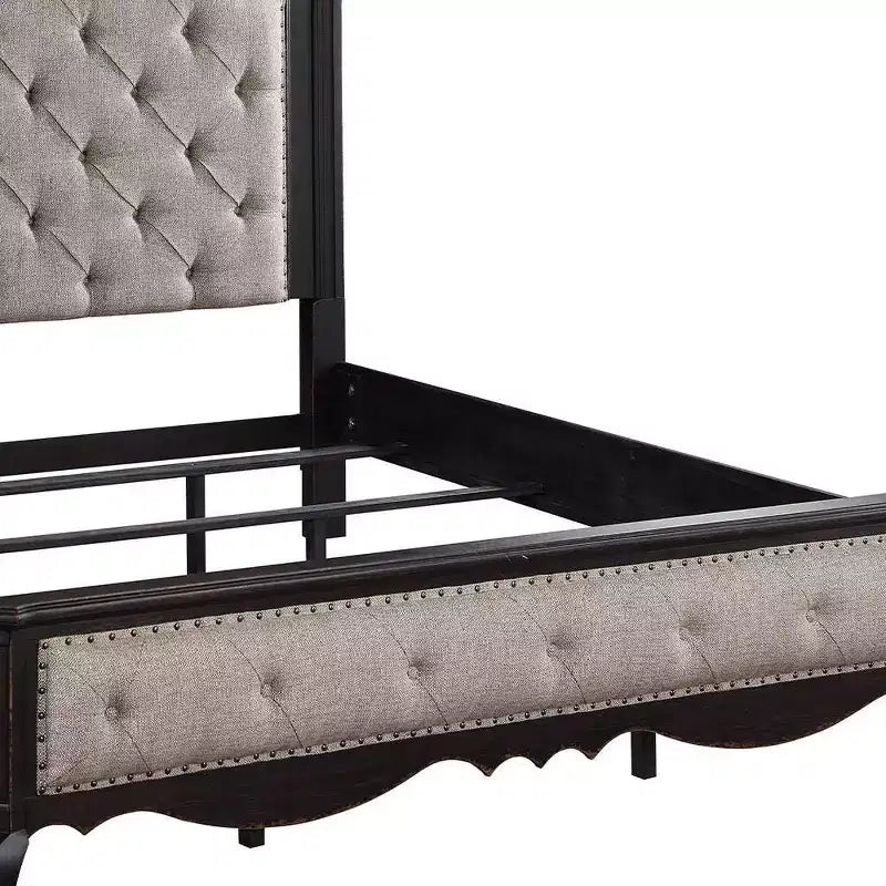Lit Queen size de 169 cm Chelmsford avec tissu beige et finition noire antique - Acme Furniture : revêtement en lin, cadre en bois, motif capitonné