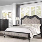 Lit Queen size de 169 cm Chelmsford avec tissu beige et finition noire antique - Acme Furniture : revêtement en lin, cadre en bois, motif capitonné