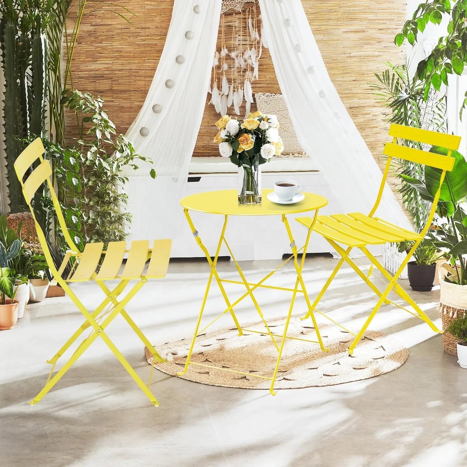 Ensemble bistro pliant 3 pièces en métal, ensemble de conversation intérieur/extérieur résistant aux intempéries pour patio, cour, jardin