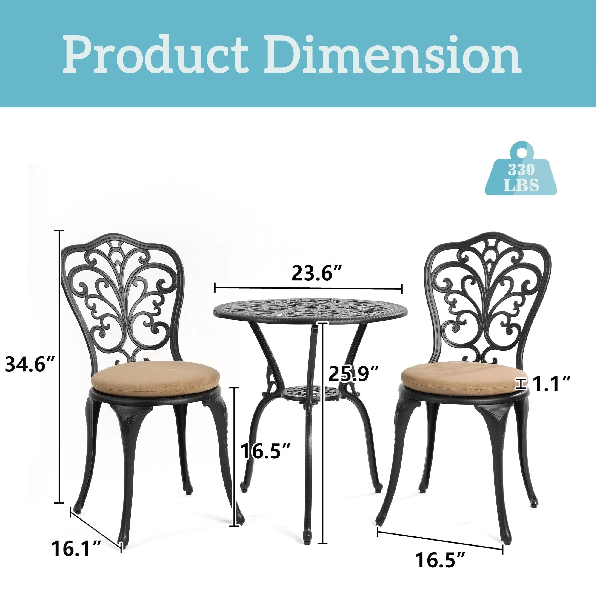 Table et chaises de patio extérieur en aluminium 3 pièces avec trou pour parasol