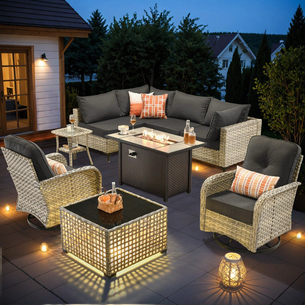 Ensemble de 9 chaises pivotantes en osier OVIOS pour l'extérieur avec table brasero