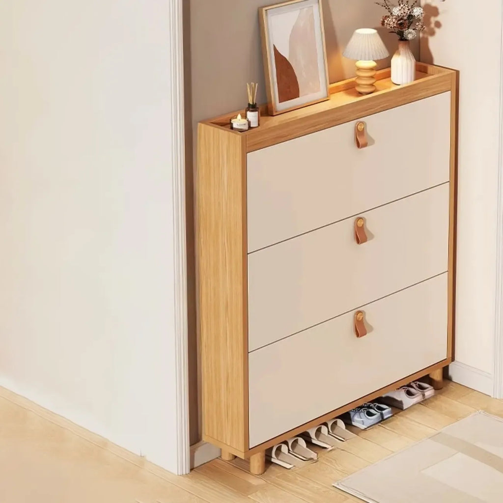 Meuble à chaussures étroit naturel à portes abattantes