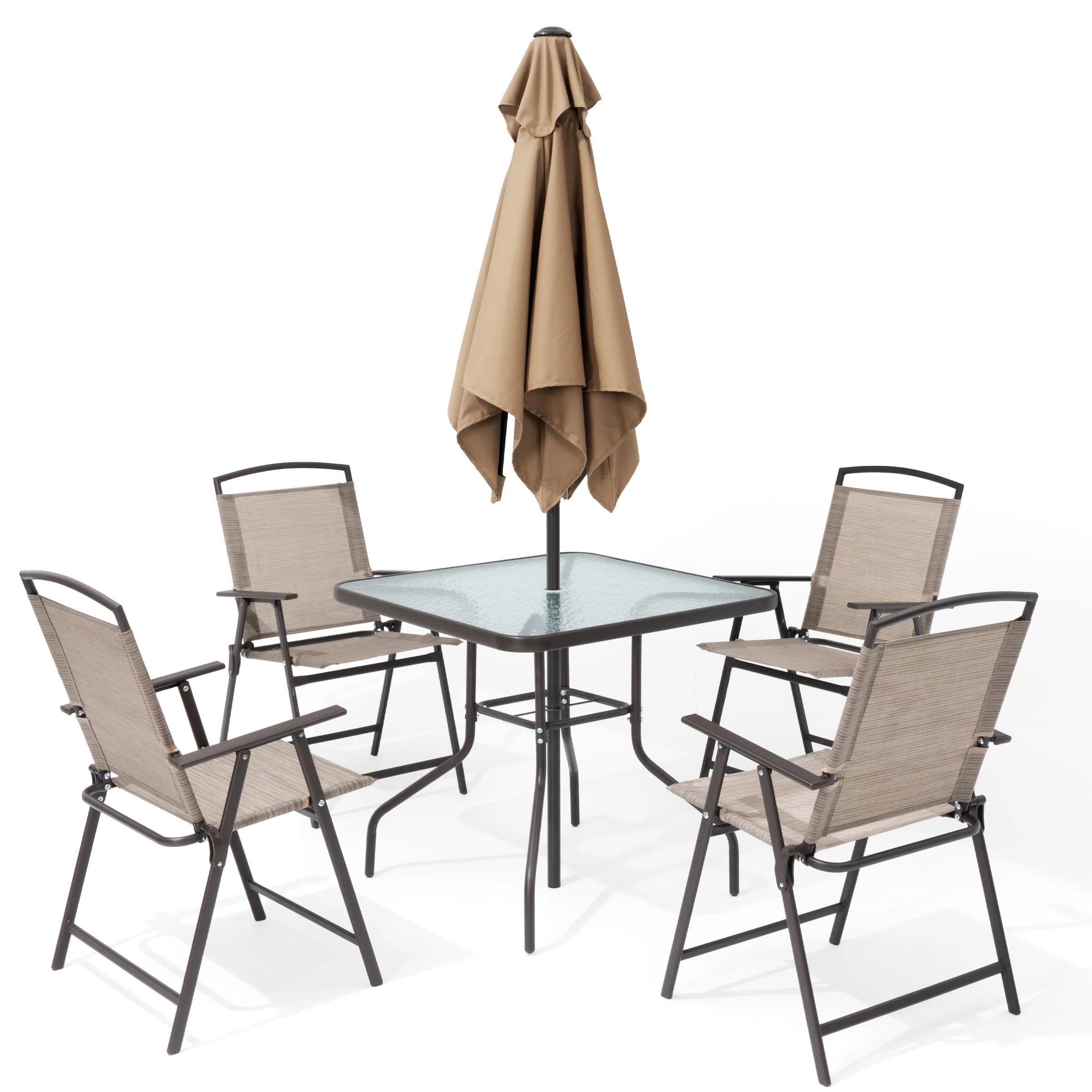 Ensemble de patio 6 pièces Pellebant avec table, parasol et 4 chaises pliantes - 22,4 L x 26,8 P x 34,4 H