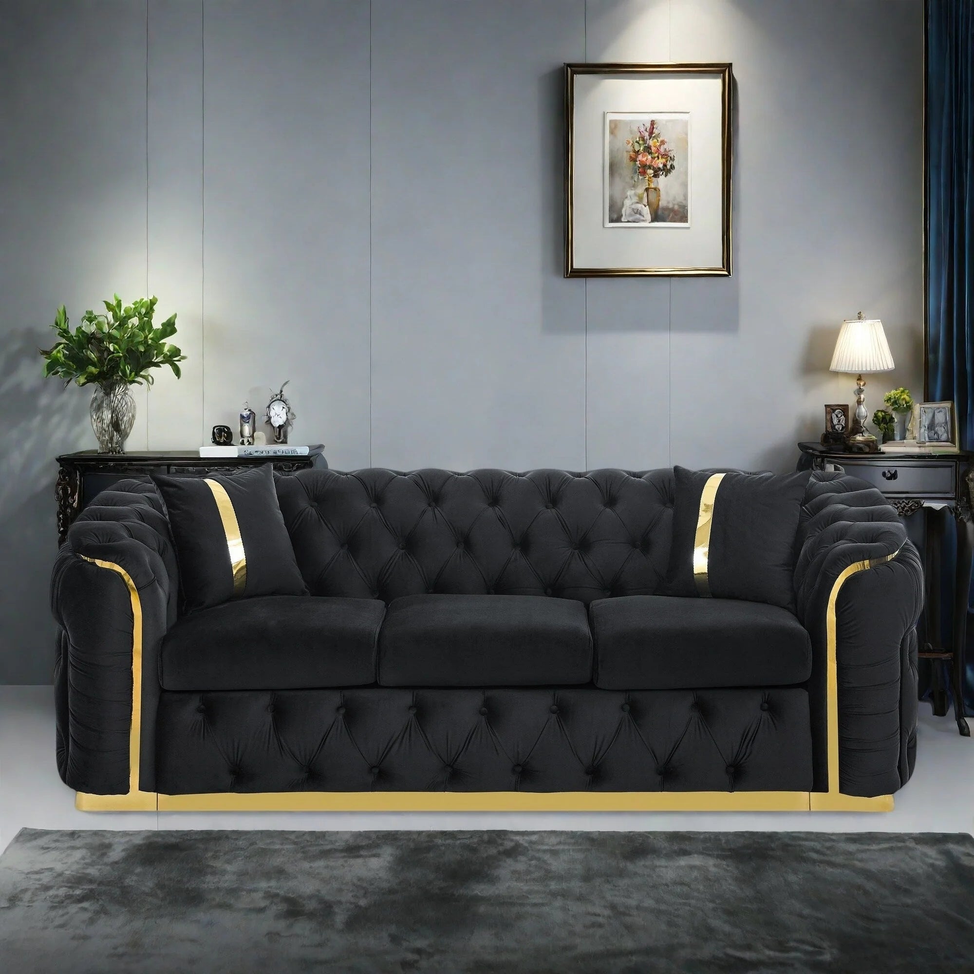 Canapé 3 places 90,6 Velvet avec 2 coussins haute densité, accents dorés et coussins