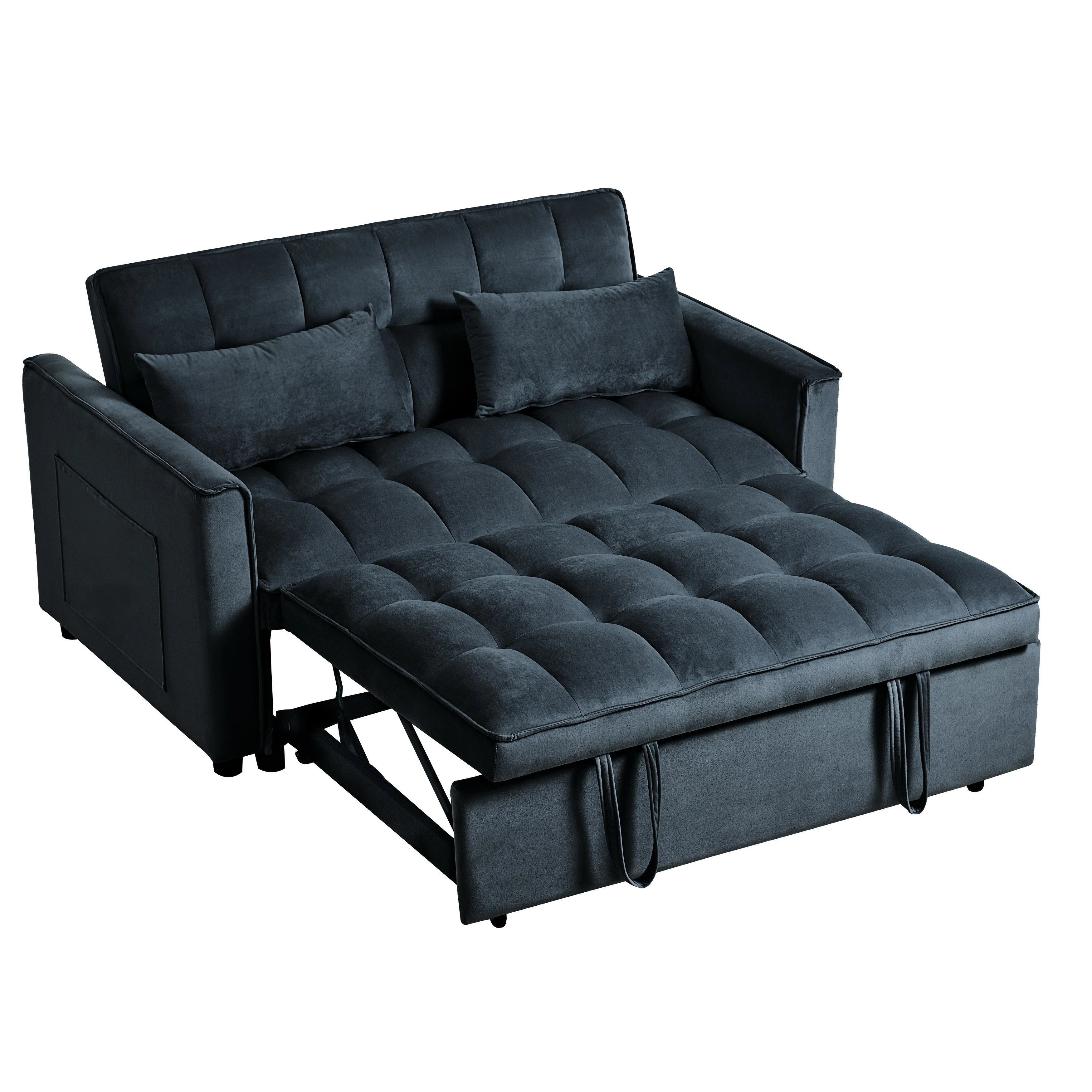 Canapé-lit gigogne moderne, canapé convertible 3-en-1 avec dossier réglable, causeuse en velours, oreillers et poches latérales