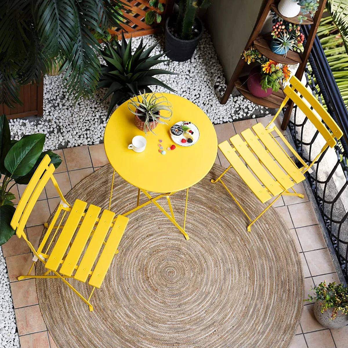 Ensemble bistro pliant 3 pièces en métal, salon de conversation intérieur/extérieur résistant aux intempéries pour patio, cour, jardin