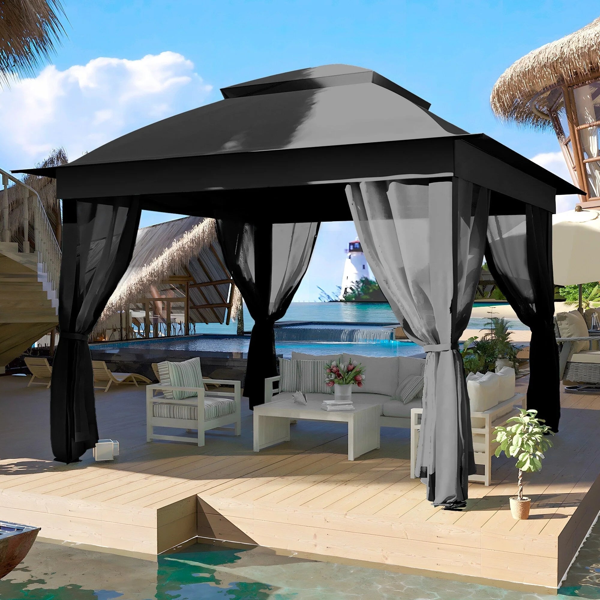 Tonnelle escamotable en acier Cozywor de 3,35 m x 3,35 m avec moustiquaire