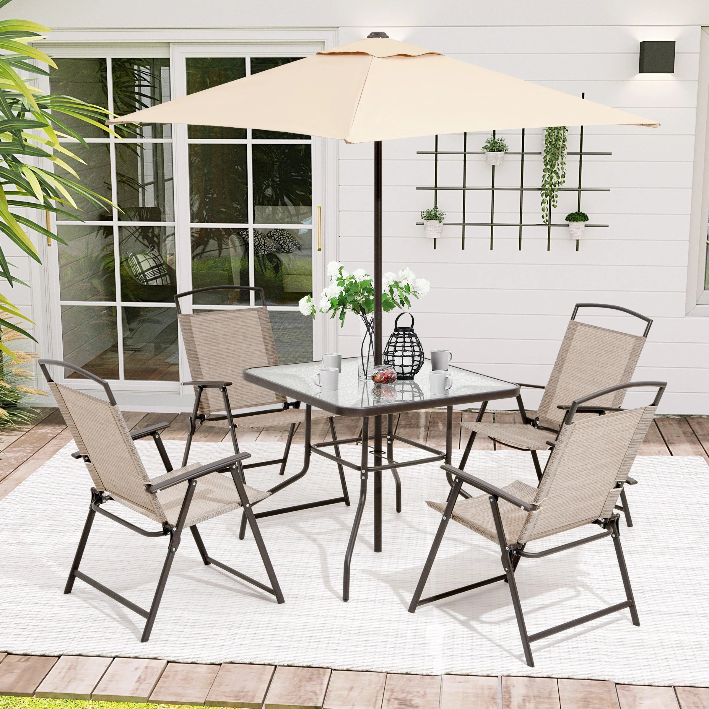 Ensemble de patio 6 pièces Pellebant avec table, parasol et 4 chaises pliantes - 22,4 L x 26,8 P x 34,4 H
