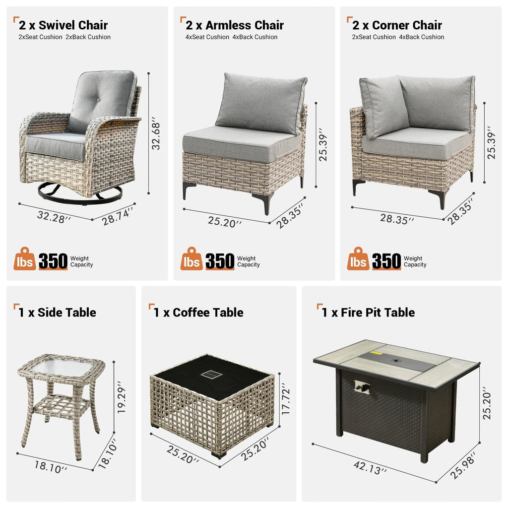 Ensemble de 9 chaises pivotantes en osier OVIOS pour l'extérieur avec table brasero