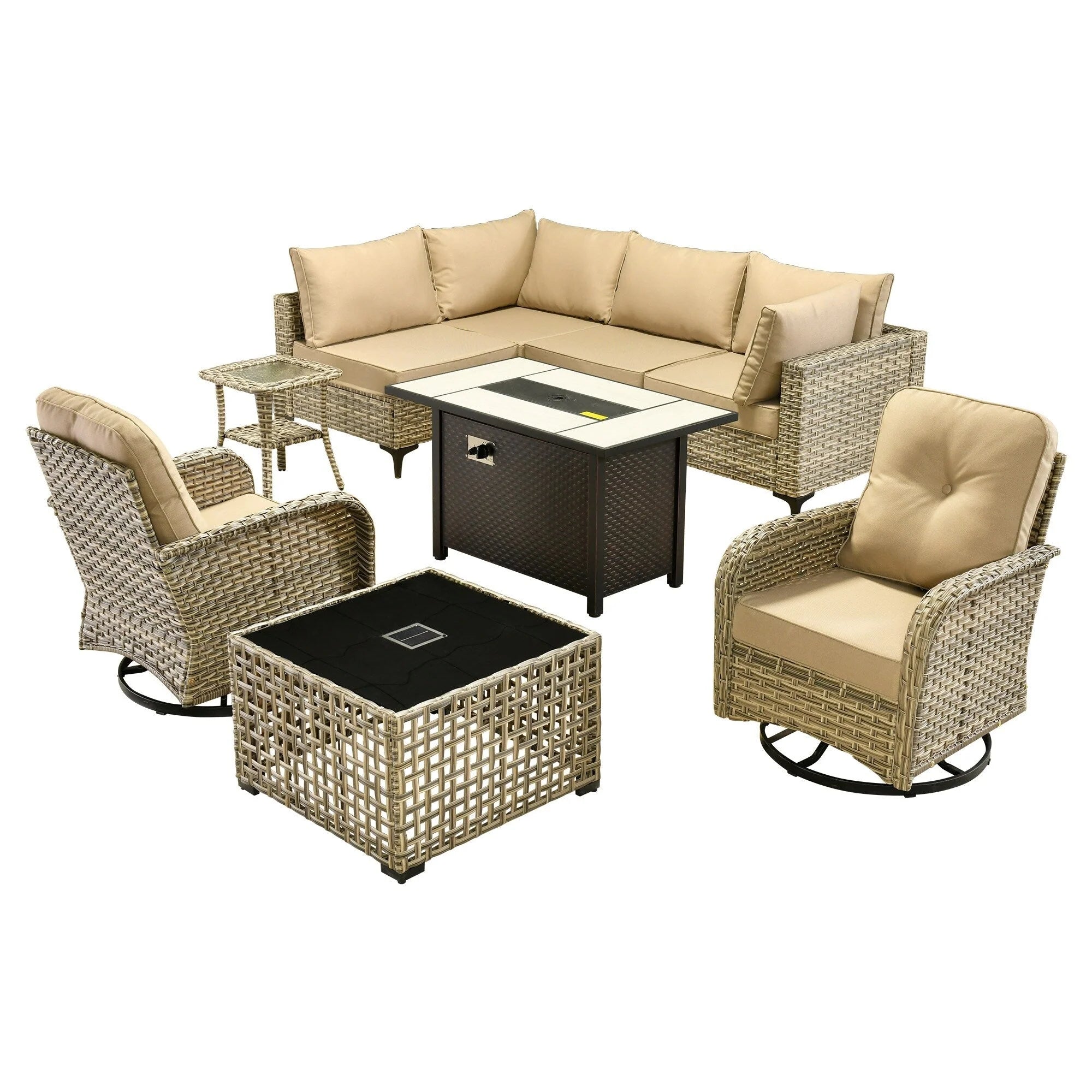 Ensemble de 9 chaises pivotantes en osier OVIOS pour l'extérieur avec table brasero