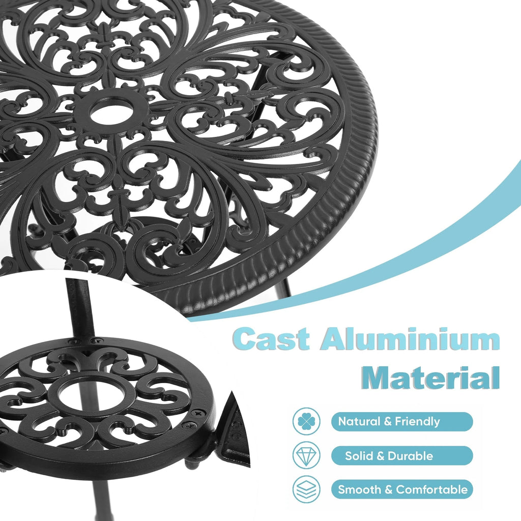 Table et chaises de patio extérieur en aluminium 3 pièces avec trou pour parasol