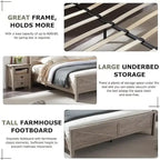 Lit queen size de style campagnard avec étagères de rangement et station de charge