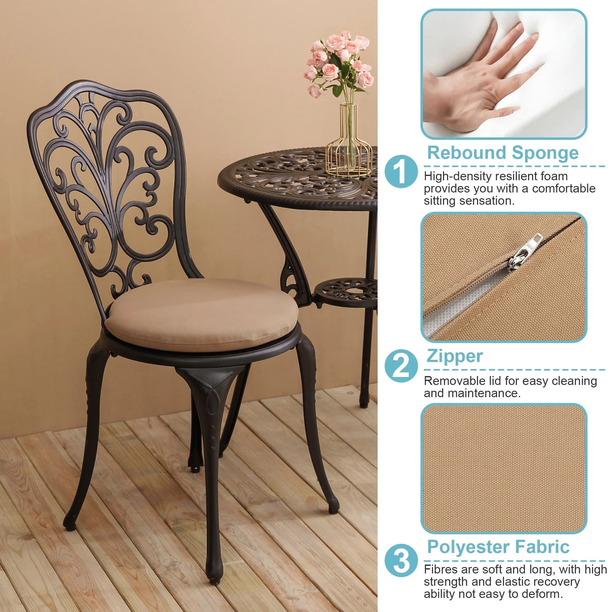 Table et chaises de patio extérieur en aluminium 3 pièces avec trou pour parasol